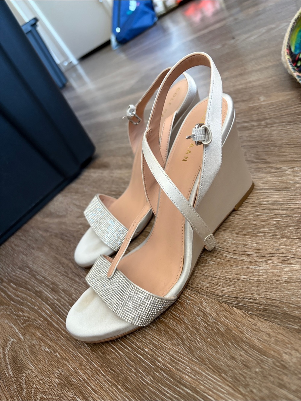 Satin Slingback Wedge Sandals in Ivory with Rhinestone Strap